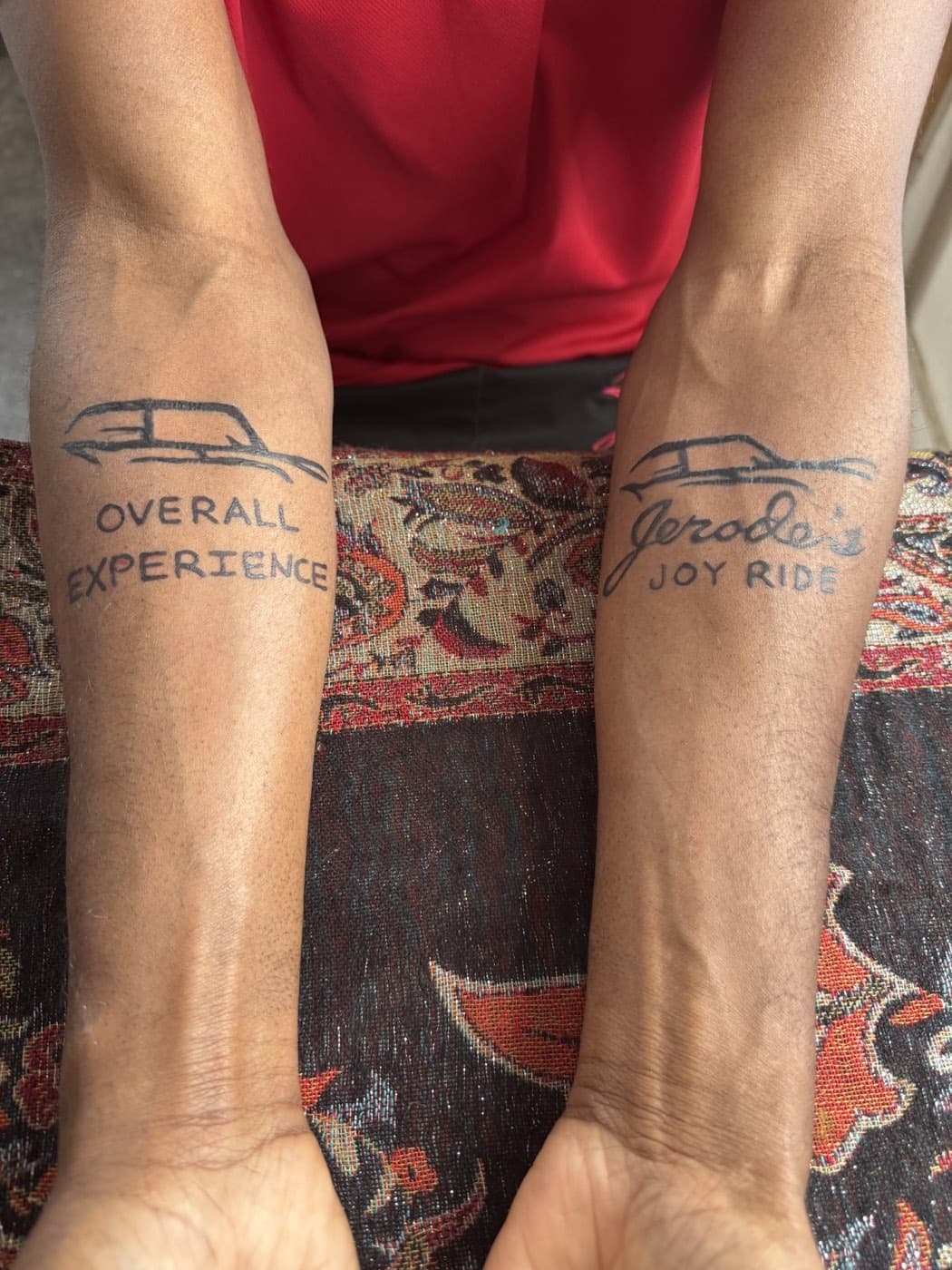 Jerode's Joy Ride and Overall Experience brand tattoos