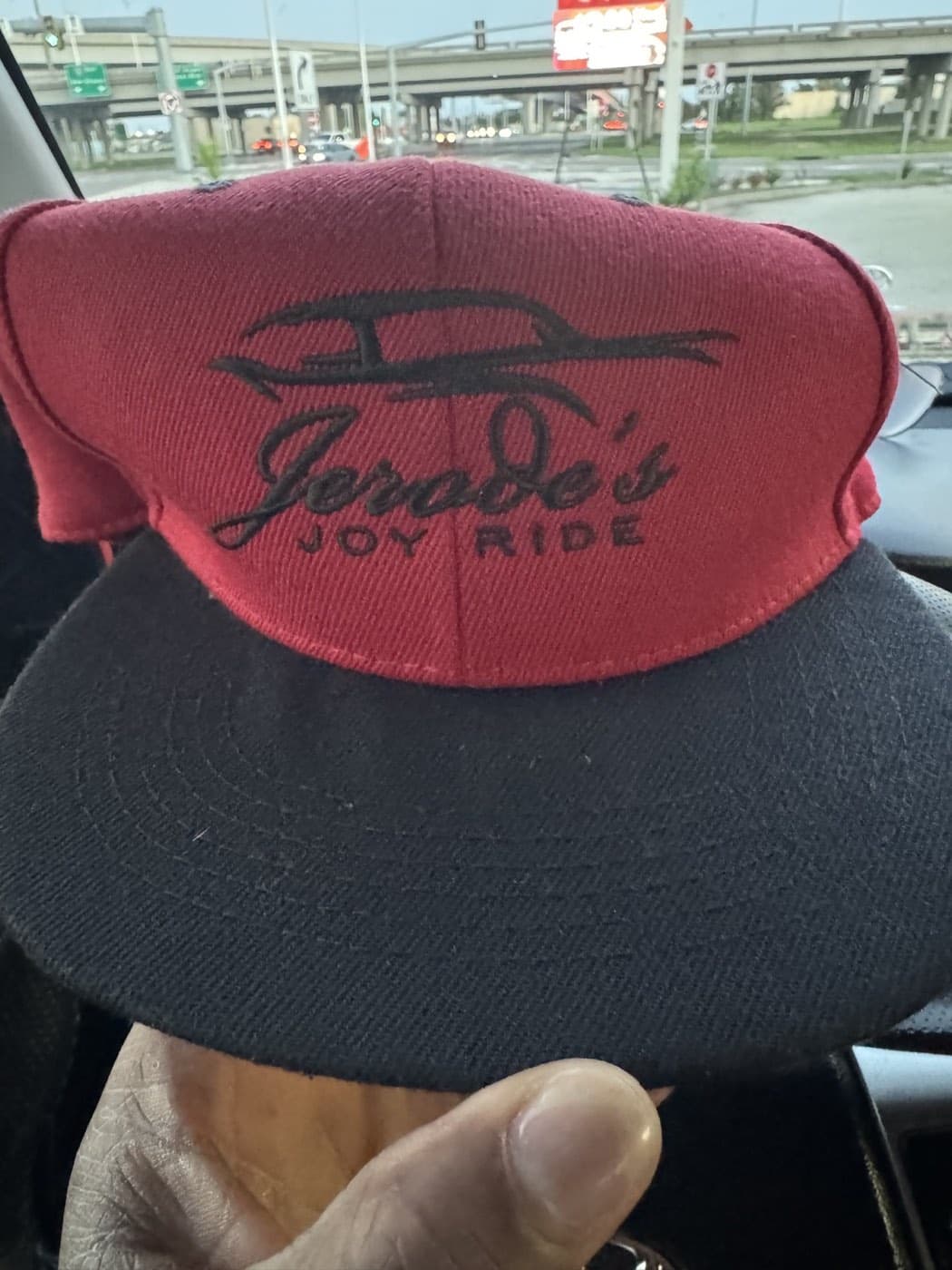Red and black embroidered Jerode's Joy Ride cap
